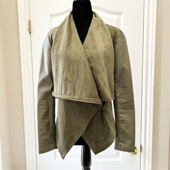 Dex Olive Green Open Front Draped Waterfall Moto Jacket Faux Leather/Suede XS - Picture 14 of 16